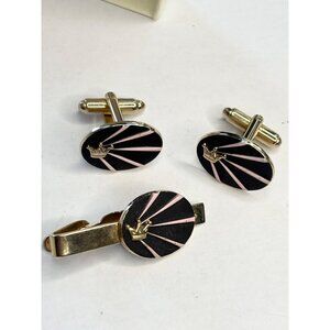 Vintage Gold & Enamel Crown Cufflinks & Tie Clip Set Black & Pink Design Mens Fo